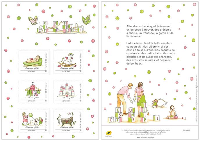 Timbres de naissance: c'est une fille. Création de Sophie Duf. Décalage. 8 000 exemplaires.