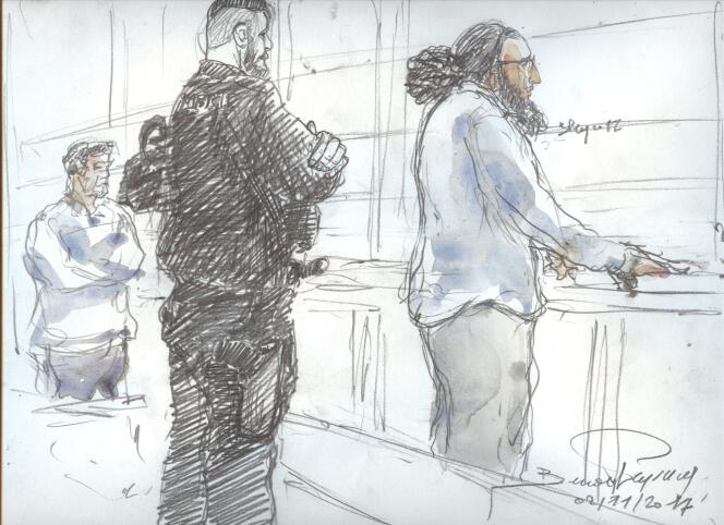 Abdelkader Merah lors de son procès devant le tribunal de Paris, ici dessiné le 2 novembre 2017.