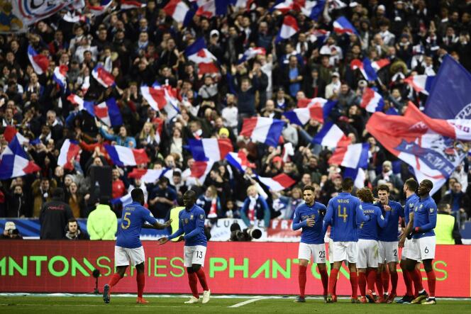 La joie des Bleus après le but de Giroud face à l’Islande, le 25 mars au Stade de France.