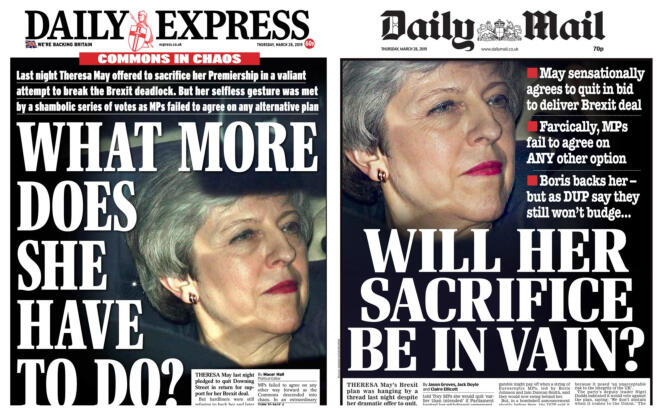 « Qu’est-ce qu’elle doit faire de plus ? » se demande le « Daily Express » (à gauche). « Son sacrifice sera-t-il vain ? » s’interroge de son côté le « Daily Mail », le 28 mars.