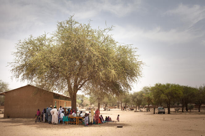 La population du village d’Agang, dans l’est du Tchad, se rassemble pour une session de vaccination le 25 mars 2019.