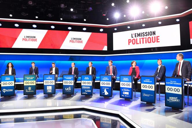 Les têtes des listes aux élections européennes sur le plateau de « L’Emission politique » de France 2, le 4 avril.