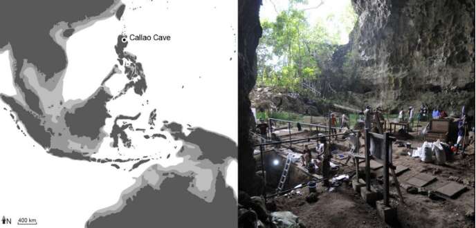 Localisation de la grotte de Callao aux Philippines. L’île de Luçon où elle est située n’a jamais été accessible à pied sec au cours des trois derniers millions d’années. La zone gris clair montre l’extension maximale des zones émergées. A droite, vue des fouilles en 2011.