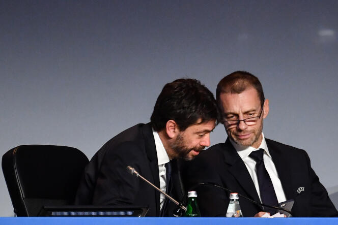 Le président de la Juventus Turin, Andrea Agnelli (à gauche), au côté du président de l’UEFA, Aleksander Ceferin, le 7 février à Rome.