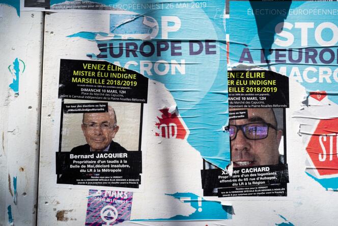 Des affiches posées sur la Canebière par le Collectif du 5 novembre invitent à élire « Mister élu indigne ».