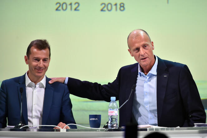 Guillaume Faury et Tom Enders, le 14 février 2019, en conférence de presse à Blagnac.