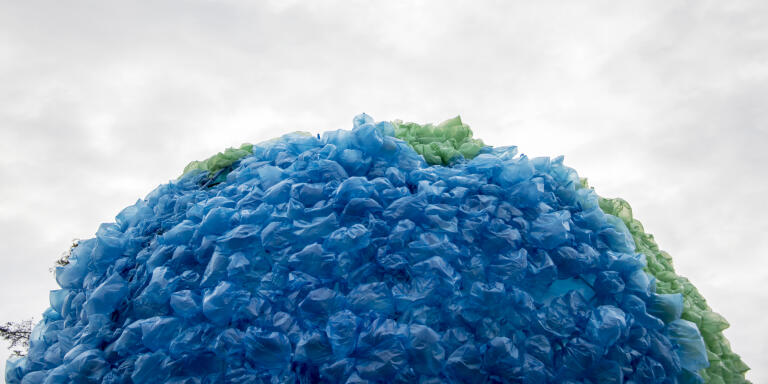View of a sphere made out of plastic bags that simulates the contaminated earth during the launching of the 