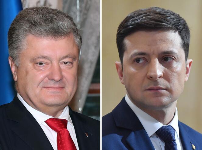 Le président sortant Petro Porochenko (à gauche) et le gagnant du premier tour de l’élection présidentielle, l’acteur comique Volodymyr Zelensky (à droite).