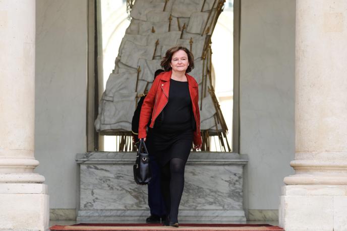 La tête de liste LRM aux européennes Nathalie Loiseau sur les marches du palais de l’Elysée, le 20 mars.
