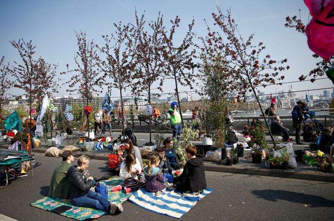 Environmental activists block the Waterloo Bridge during a protest against the Extinction rebellion in London on April 15.