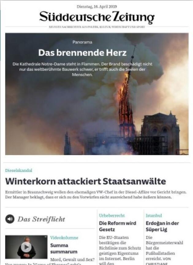 « Le cœur brûlant » : la « une » du quotidien allemand « Süddeutsche Zeitung », le 16 avril 2019.