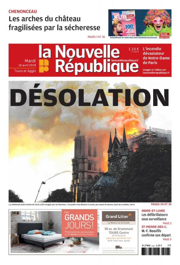 « Désolation » : la « une » de « La Nouvelle République », le 16 avril 2019.