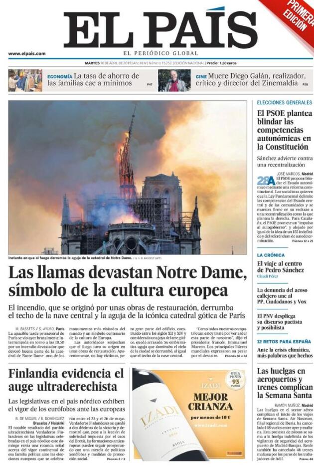 « Les flammes dévastent Notre-Dame, symbole de la culture européenne » : la « une » du quotidien espagnol « El Pais », le 16 avril 2019.