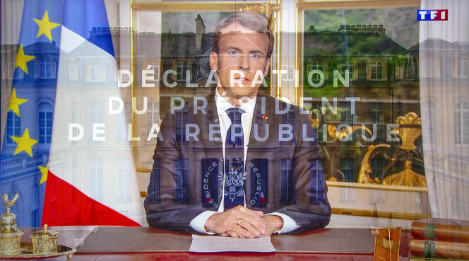 Lors d’une allocution télévisée d’Emmanuel Macron, enregistrée depuis le palais de l’Elysée et diffusée sur TF1, le 16 avril.