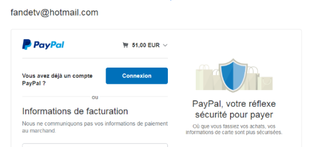 Un internaute qui souhaite payer pour mettre en avant une annonce sur le site Soldistic est renvoyé vers une page PayPal attachée à l’adresse e-mail de fandetv@hotmail.com.