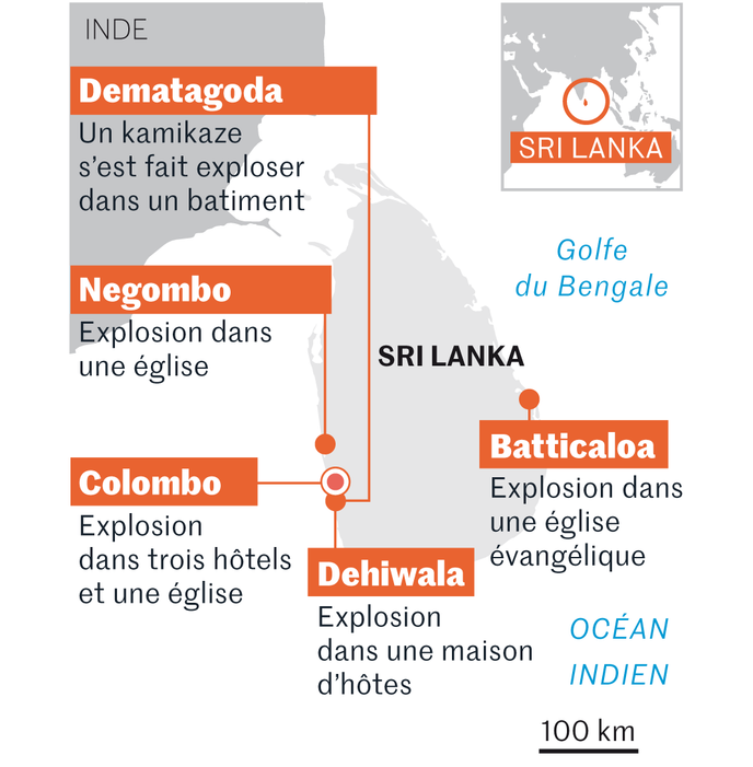 Carte de situation - Sri Lanka - attentats - attaque - avril 2019