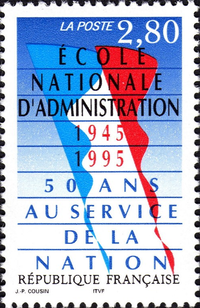Briefmarke von Jean-Paul Cousin entworfen und 1995 zum 50. Geburtstag der ENA veröffentlicht.