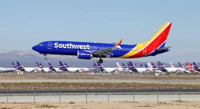 Un Boeing 737 Max de la compagnie Southwest Airlines, le 23 mars 2019 à Victorville en Californie, avant que les modèles soient interdits de vol.
