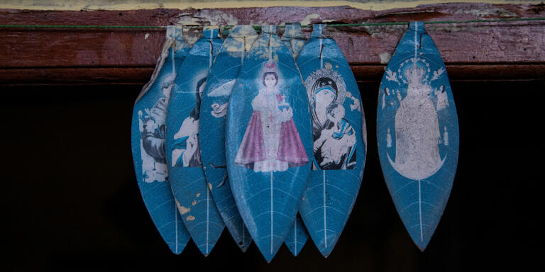 Christian decorations hang on the door to the house of brothers Bevon, aged nine, Clavon, aged six, and 11-month-old Avon, in Colombo, Sri Lanka, May 8, 2019. The three brothers and their parents were killed during the during Easter Sunday bombings at St. Anthony Church in Colombo, Sri Lanka. 