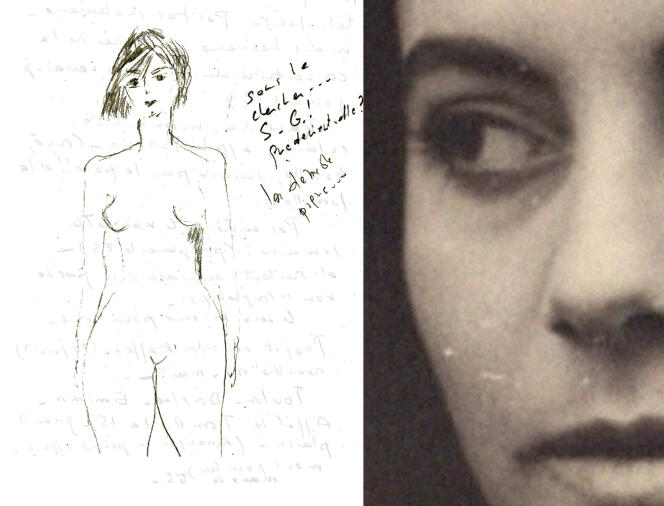 Anne-Marie Albiach (à droite) et l’un de ses dessins, reproduit dans « La Mezzanine » (à gauche).