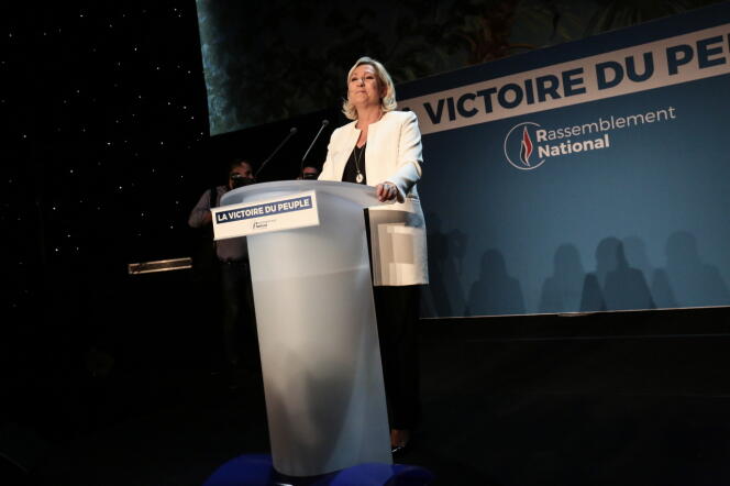 Marine Le Pen, lors de la soirée électorale du Rassemblement national (RN), à Paris, le 26 mai.