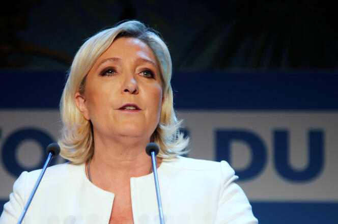 Marine Le Pen lors de son discours après la publication des premiers résultats aux élections européennes, dimanche 26 mai 2019, à Paris.