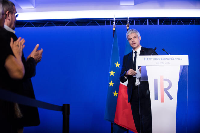 Laurent Wauquiez prend la parole après les résultats européens, lors de la soirée electorale  au siège des Republicains.  Paris, France le 26 mai.