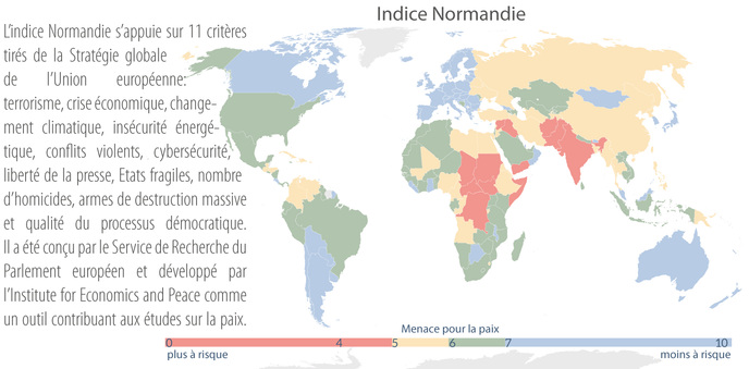 Cette carte montre en rouge les onze pays où la paix est la plus précaire : l’Inde, le Yémen, le Tchad, l’Irak, le Soudan, la République centrafricaine, la République démocratique du Congo, le Sud-Soudan, l’Afghanistan, la Somalie, le Pakistan et la Syrie.