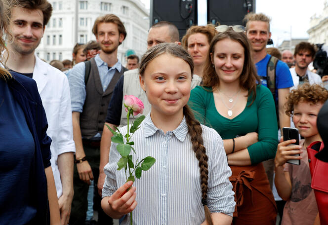 Greta Thunberg lors d’une marche « Fridays for future », pour alerter sur l’urgence de lutter contre les dérèglements climatiques, le 31 mai, à Vienne, en Autriche.