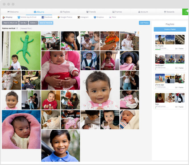 Une fois identifié sur le site Nixplay, on peut transférer des images dans un album (au centre). On peut ensuite glisser ces photos sur une liste de lecture (à droite) pour les envoyer vers le cadre numérique.