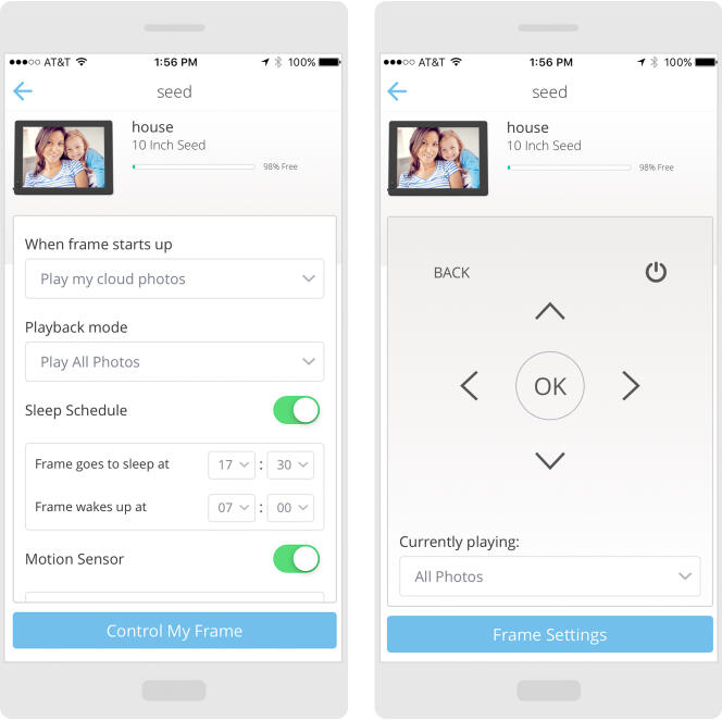 Depuis l’appli Nixplay (version iOS ici), vous pouvez ajuster les réglages du cadre numérique, tels que les modes playblack ou veille (à gauche), ou bien utiliser votre smartphone en guise de télécommande (à droite).