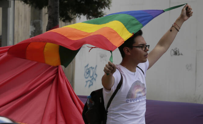 Un militant des droits LGBT devant les locaux de la Cour constitutionnelle équatorienne qui devait se prononcer sur le mariage entre personnes de même sexe, le 4 juin à Quito.