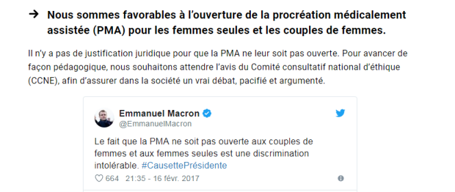 Promesse de campagne d'Emmanuel Macron sur la PMA pour toutes.
