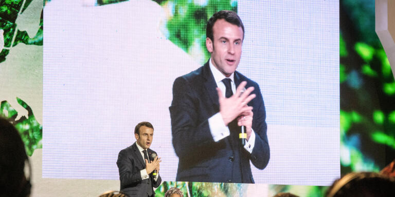 French President Emmanuel Macron gestures as he delivers a speech during the One Planet Summit at the UN headquaters in Nairobi, Kenya, on March 14, 2019. (Photo by Yasuyoshi CHIBA / AFP)