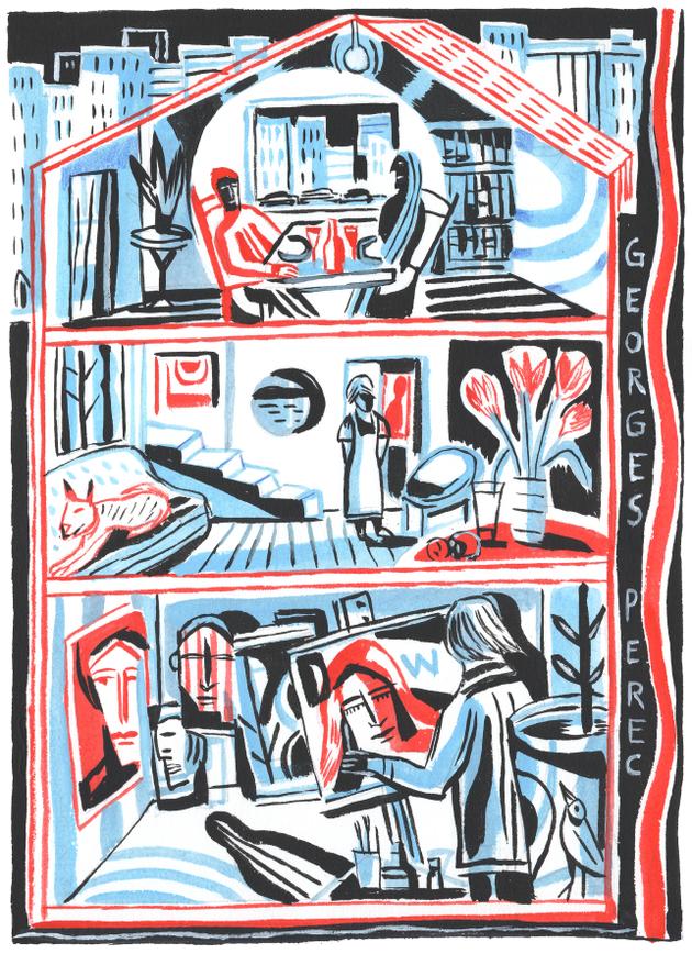 « La Vie mode d’emploi », de Georges Perec, vu par Laurent Corvaisier. Peintre et illustrateur, Laurent Corvaisier travaille la presse (« Libération », « Le Monde », « Télérama ») et l’édition jeunesse. Dans sa peinture, qu’il définit comme un mode naturel d’expression où il fait intervenir ses rencontres de chaque jour, il privilégie  le rendu des matières en utilisant, par exemple, la sérigraphie ou le collage.