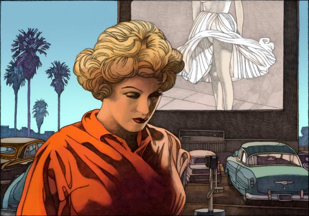 « Blonde », de Joyce Carol Oates, vu par Miles Hyman. Illustrateur et auteur de romans graphiques, Miles Hyman a exposé ses images dans plusieurs musées européens, dont  le Palais de Tokyo, à Paris, ou la Fondation Glénat, à Grenoble. Son trait élégant, ses couleurs vives, ses cadrages cinématographiques rappellent  le naturalisme d’Edward Hopper. Surnommé « le plus français des auteurs américains », il illustre régulièrement des sujets pour « Le Monde » et  « Le Monde des livres ».