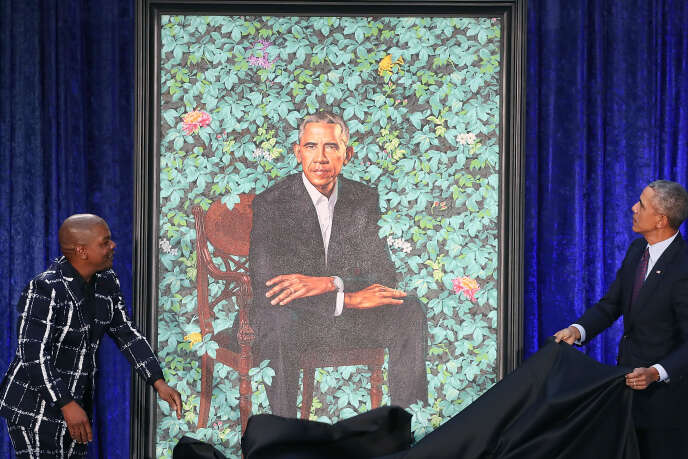 Inauguration du portrait de Barack Obama par le peintre américain Kehinde Wiley à Washington, le 12 février 2018.