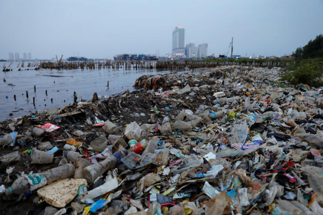 Un rivage jonché de déchets plastiques, à Djakarta, la capitale de l’Indonésie, le 21 juin.