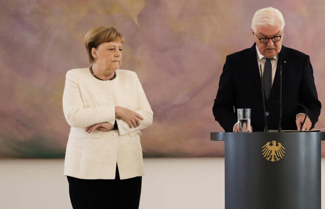 Angela Merkel pendant le discours du président fédéral allemand, Frank-Walter Steinmeier, à Berlin, le 27 juin.