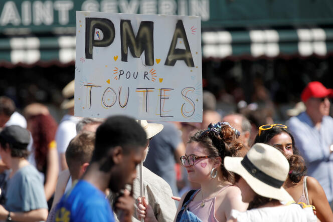 Militante de la « PMA pour toutes » lors de la Gay Pride, à Paris, le 29 juin.