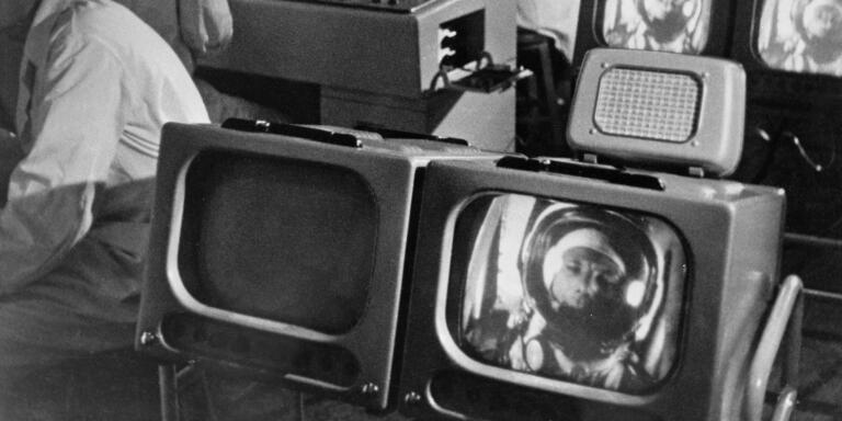 Mission Control  researchers watching Yuri Gagarin's condition in space. A shot from the documentary film The First Flight to the Stars.  