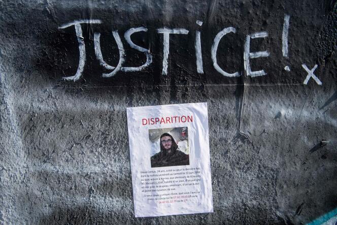 Un tag réclamant « justice » et un avis de recherche liés à la disparition de Steve Canico, à Nantes, lors d’une opération policière le 21 juin.