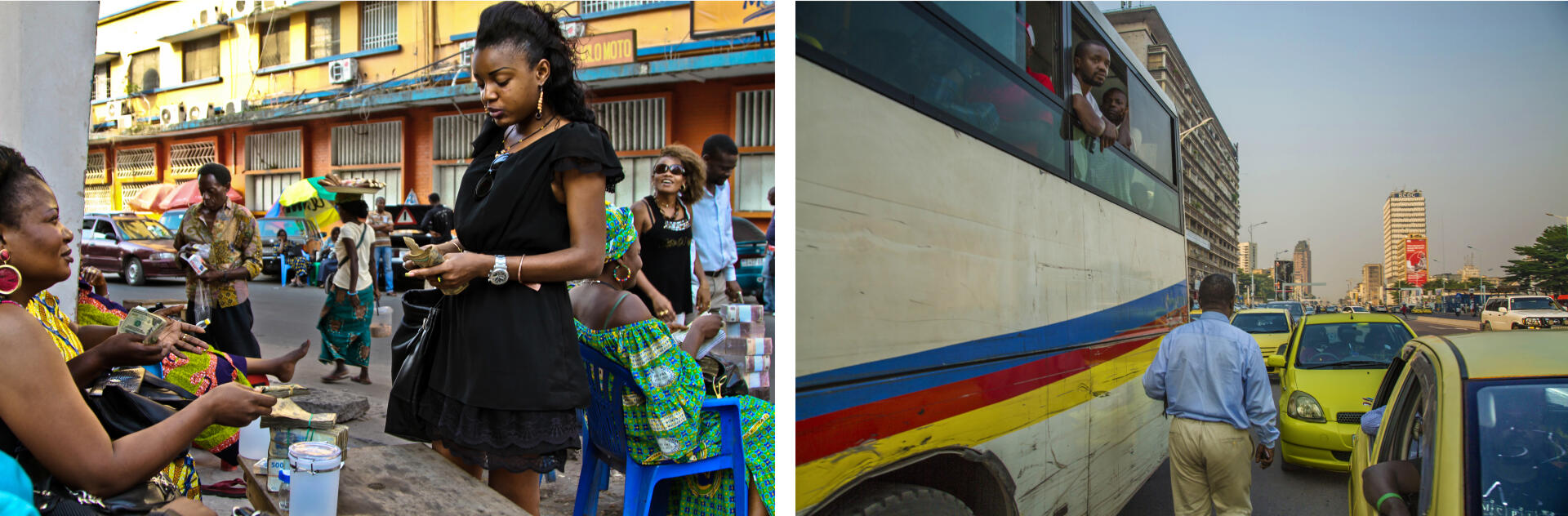 Le 10 juin. Dans les rues de La Gombe, vers la gare centrale.  « Tout est possible à Kinshasa », répètent ses habitants. Surtout ceux de la Gombe, la « ville ».Une jeune femme échange ses dollars pour des francs congolais (en bas, à gauche) et la circulation sur le grand boulevard (en bas, à droite).