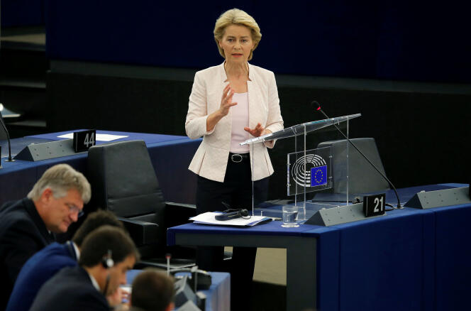 L’Allemande Ursula von der Leyen lors de son discours devant le Parlement européen mardi 16 juillet.