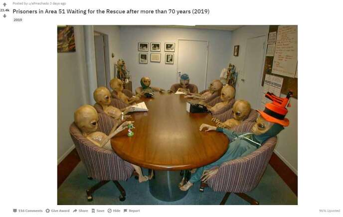 "Prisoners in Area 51, soon free after 70 years of waiting" - photo captioned by a Reddit user.