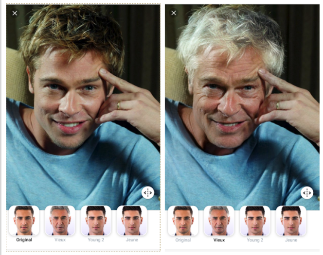 Exemple d’utilisation du filtre « vieux » de l’application FaceApp, sur une ancienne photo de Brad Pitt.