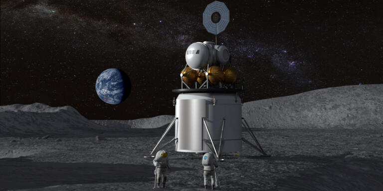 Artist’s concept of a human landing system and its crew on the lunar surface with Earth near the horizon.
Credits: NASA