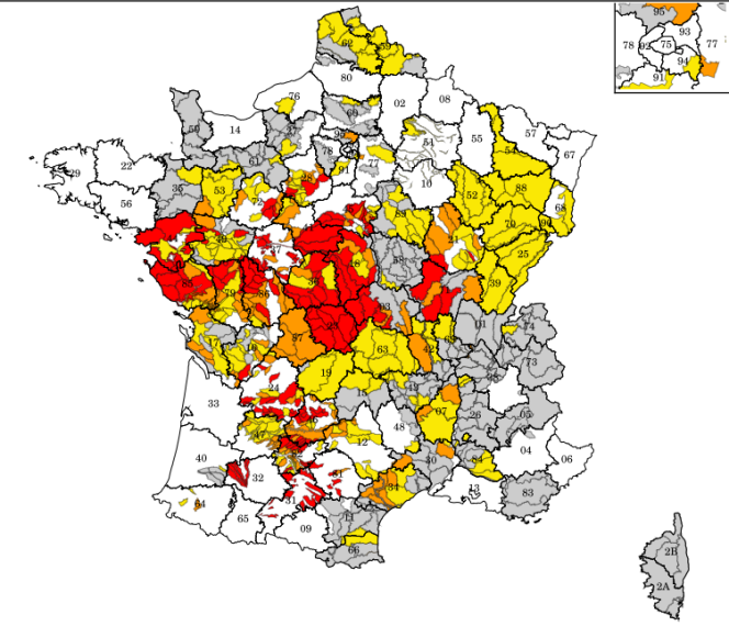 Arrêtés de limitation des usages de l’eau au 19 juillet 2019 (rouge : niveau « crise » ; orange : « alerte renforcée » ; jaune : « alerte » ; gris : « vigilance »).