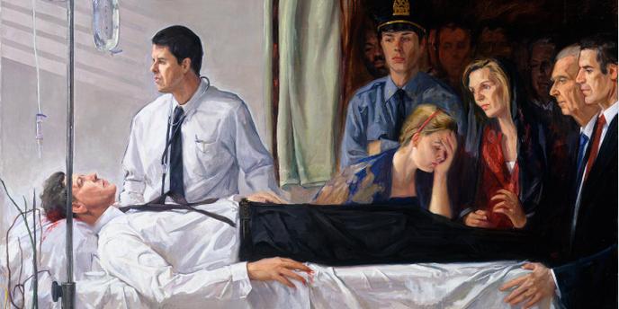 Sur la toile « Death of an American President JFK » de Sam Adoquei, on reconnaît le chanteur des Strokes Julian Casablancas, en uniforme de policier.
