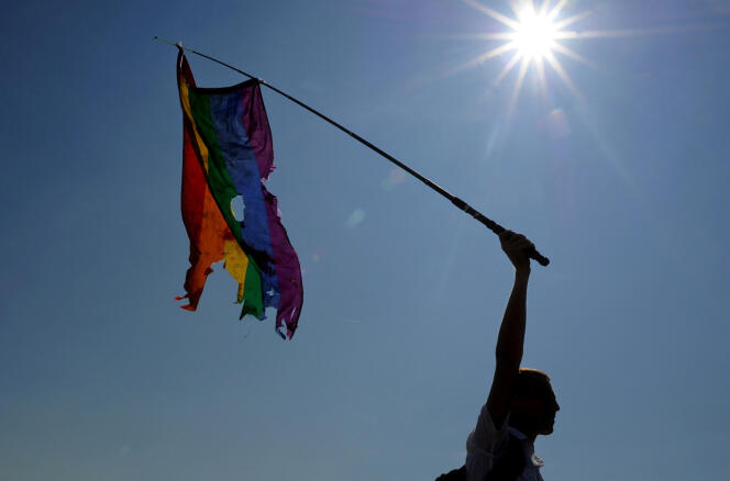 Un militant pour les droits des homosexuels lors d’une marche des fiertés à Saint-Pétersbourg (Russie), le 26 juillet 2014.